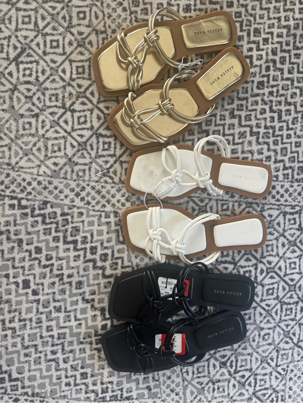 3 pairs of New Square-Toe Knot Slide Sandals - Gold, White, Black Size 9